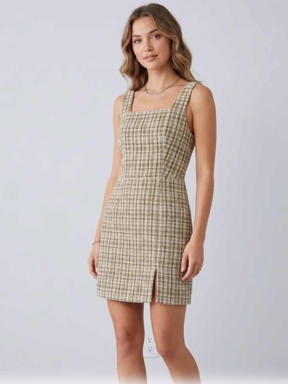 Plaid Tweed Square Neck Mini Pinafore Dress Size M 0367